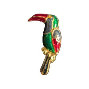 Vintage Toucan Pin Brooch Cloisonné Style Red Green Black Goldtone Bird Jewelry
